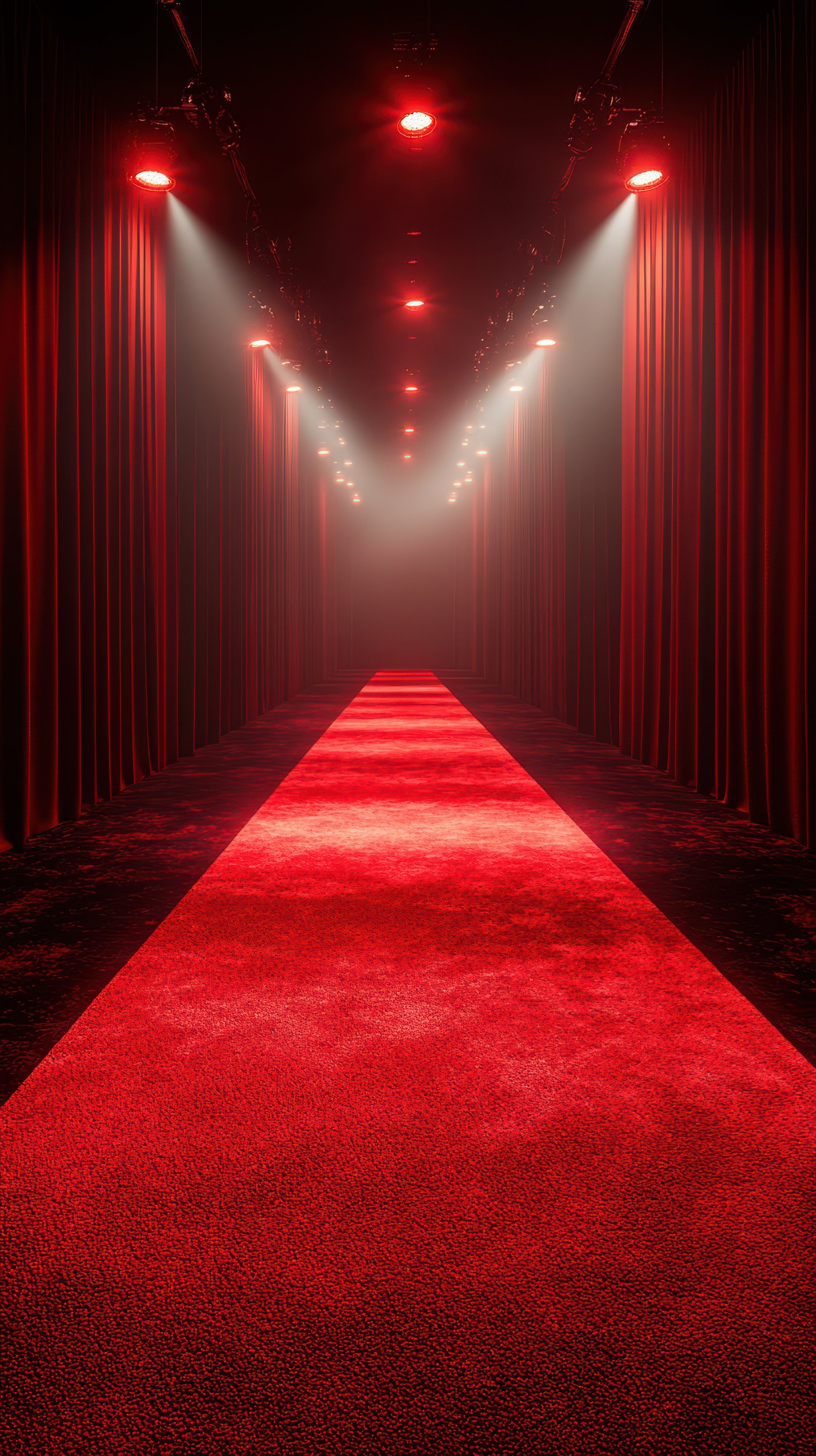 Red carpet hallway illuminated by dramatic lighting in a theatrical setting for a nighttime event